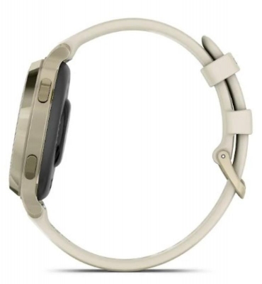 Ceas Garmin Lily 2 Active, display AMOLED, dimensiune afisaj 25,4 mm x 21,3 mm, rezolutie afisaj 240 x 201 pixeli, memorie 8GB, autonomie pana la 9 zile, rezistanta la apa pana la 5 ATM, greutate: 24,4g, ramă MLunar Glod şi curea Bone din silicon