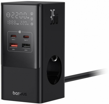 Incarcator retea Baseus PowerCombo Tower Digital Powerstrip, Quick charge 35W, 4 porturi iesire, lungime cablu 1.5m, negru