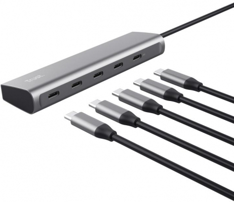 Hub Trust Halyx, 5 porturi USB-C 3.2 gen 1: 1 USB-C 100W PD port / 4 USB-C data ports, USB PD 3.0, gri