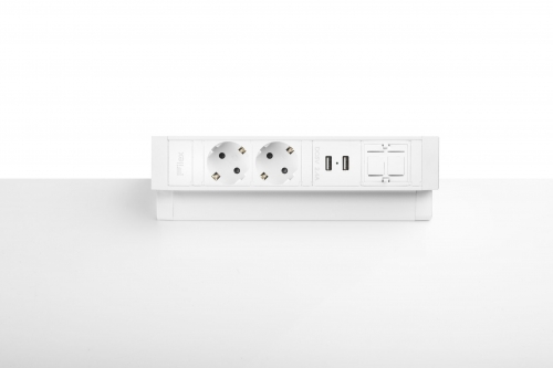 Priza modulara Fellowes Filex Power Desk Up 2.0 cu 2 prize modulare 230V, 2x USB-A, 1 slot Keystone, eGST, Alb