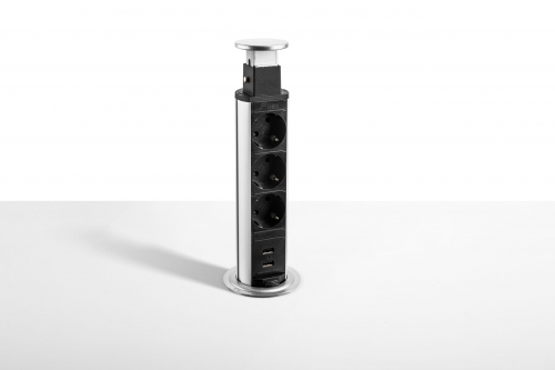 Priza modulara Schuko, Filex Power Pop-Up, 3x 230V, 2x USB A, silver/negru, Fellowes