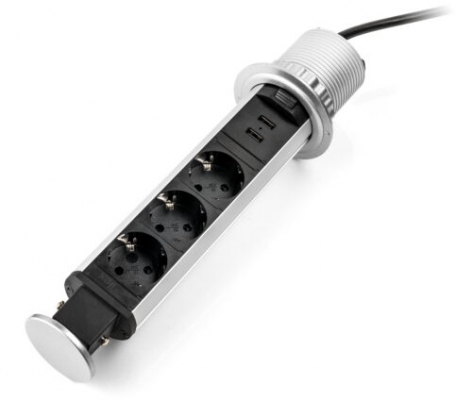 Priza modulara Schuko, Filex Power Pop-Up, 3x 230V, 2x USB A, silver/negru, Fellowes