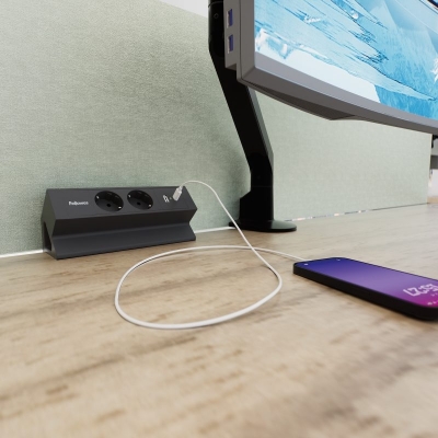 Priza modulara Fellowes, Filex Power Desk Up 2.0 cu 2 prize 230V, USB-A + USB-C (15.5W), eGST, Negru