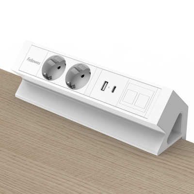Priza modulara Fellowes, Filex Power Desk Up 2.0 cu 2 prize 230V, USB-A + USB-C (15.5W), 1 slot Keystone, eGST, Alb