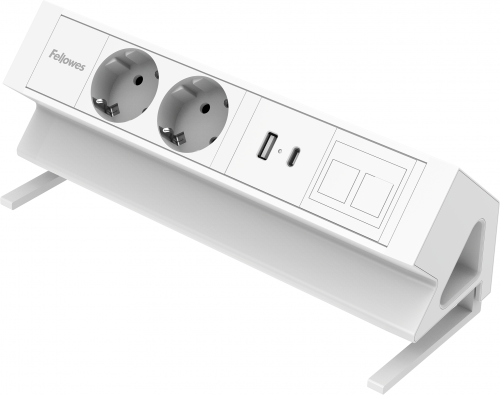 Priza modulara Fellowes, Filex Power Desk Up 2.0 cu 2 prize 230V, USB-A + USB-C (15.5W), 1 slot Keystone, eGST, Alb