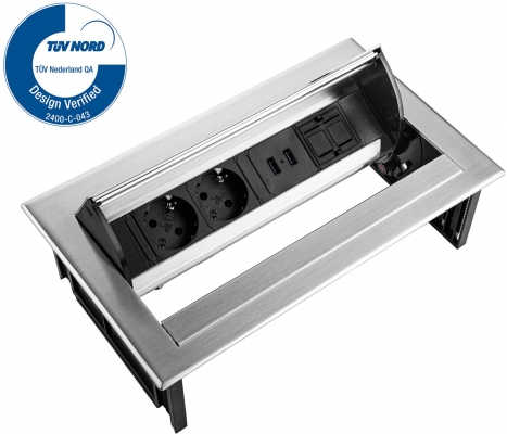 Priza modulara eGST, Filex Power Desk In, 2x 230V, USB A, Keystone, inox, Fellowes
