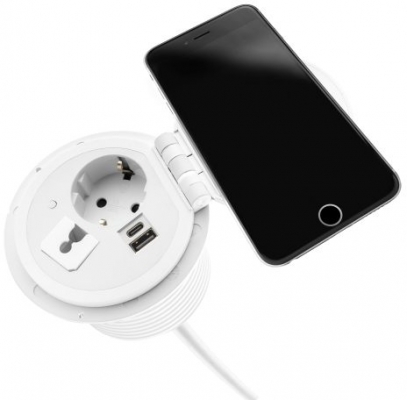 Priza Schuko modulara, Filex Power-Spot, incarcator incorporat, USB A+C, cablu ghidaj, alb, Fellowes
