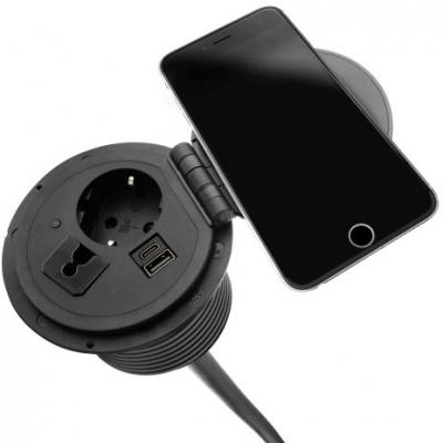 Priza Schuko modulara, Filex Power-Spot, incarcator incorporat, USB A+C, cablu ghidaj, negru, Fellowes