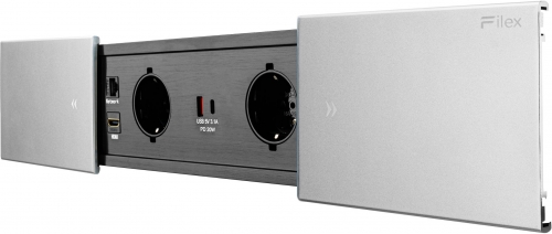 Priza modulara eGST, Filex Power Desk in Slide, 2x 230V, USB A+C, Cat6a, HDMI, aluminiu, Fellowes