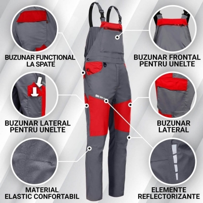Pantaloni pieptar EOS Stretch Stenso, rosu/gri inchis
