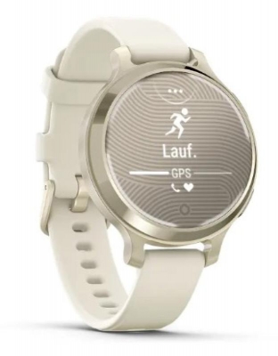 Ceas Garmin Lily 2 Active, display AMOLED, dimensiune afisaj 25,4 mm x 21,3 mm, rezolutie afisaj 240 x 201 pixeli, memorie 8GB, autonomie pana la 9 zile, rezistanta la apa pana la 5 ATM, greutate: 24,4g, ramă MLunar Glod şi curea Bone din silicon