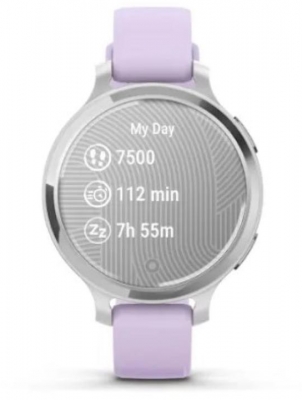 Ceas Garmin Lily 2 Active, display AMOLED, dimensiune afisaj 25,4 mm x 21,3 mm, rezolutie afisaj 240 x 201 pixeli, memorie 8GB, autonomie pana la 9 zile, rezistanta la apa pana la 5 ATM, greutate: 24,4g, ramă Argintiu, şi curea Purple Jasmine din silicon