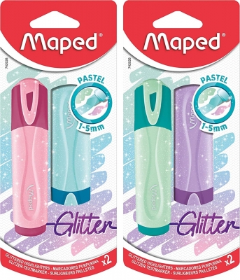 Textmarker pastel cu sclipici, diverse culori, 2 culori/set, Fluo Peps Maped 