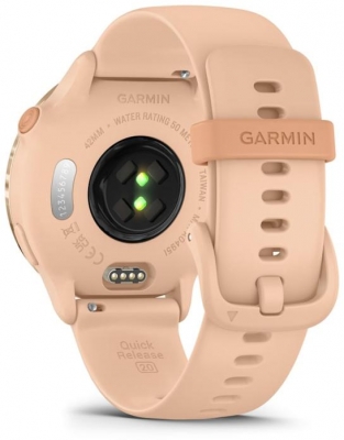 Ceas Garmin vívoactive 6 display AMOLED, dimensiune afisaj 30.4 mm, rezolutie afisaj  390 x 390 pixeli, memorie 8GB, autonomie până la 11 zile (5 zile cu afişajul permanent pornit) rezistanta la apa pana la 5 ATM, greutate: 23g, ramă Pink Dawn cu curea Bone, carcasă Pink Dawn Metallic şi curea din
