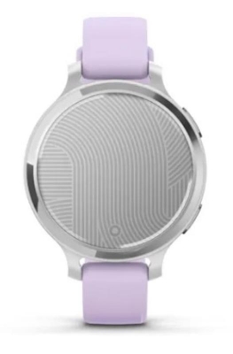 Ceas Garmin Lily 2 Active, display AMOLED, dimensiune afisaj 25,4 mm x 21,3 mm, rezolutie afisaj 240 x 201 pixeli, memorie 8GB, autonomie pana la 9 zile, rezistanta la apa pana la 5 ATM, greutate: 24,4g, ramă Argintiu, şi curea Purple Jasmine din silicon