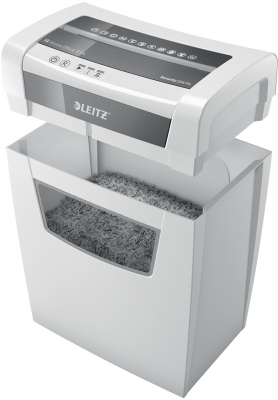 Distrugator documente manual Leitz IQ Home Office, P4, micro-cut (particule), 8 coli, cos 15l, alb-gri
