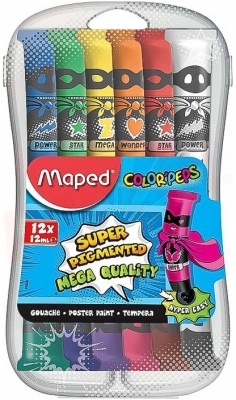 Tempera pe baza de apa, 12 culori/set, tub 12 ml, cutie plastic, Maped