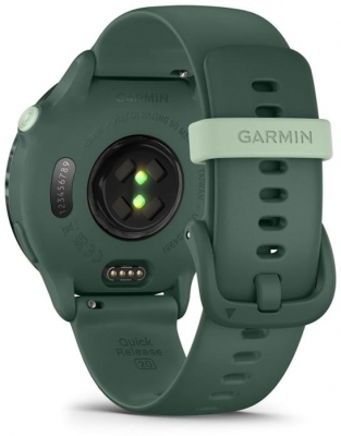 Ceas Garmin vívoactive 6 display AMOLED, dimensiune afisaj 30.4 mm, rezolutie afisaj  390 x 390 pixeli, memorie 8GB, autonomie până la 11 zile (5 zile cu afişajul permanent pornit) rezistanta la apa pana la 5 ATM, greutate: 23g, ramă Jasper Green cu curea Bone, carcasă Green Metallic şi curea din