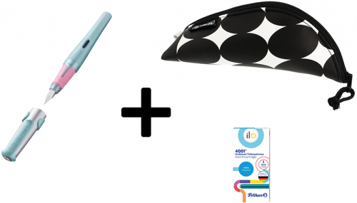 Pachet Stilou Pelikano Magic Ocean, penita M, dreptaci + Penar tip etui, Cocoon, Just Black, Herlitz + Patroane cerneala ilo, dimensiune mare, culoare turcoaz, set 5/cutie Pelikan
