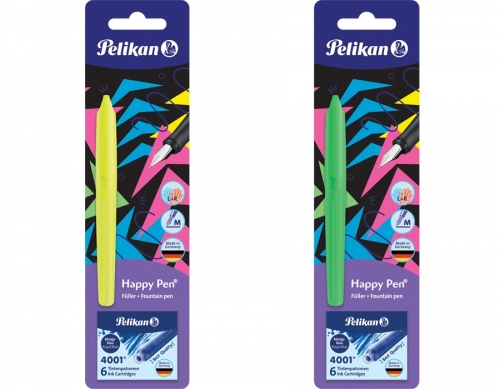 Stilou Happy Pen, galben neon/verde neon + 6 patroane mici, blister, Pelikan