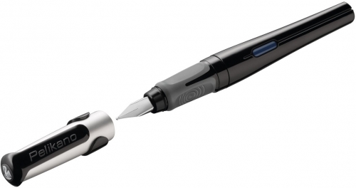Stilou penita L, grip ergonomic, pentru stangaci, 1 patron mare albastru inclus, culoare negru, in cutie de carton, Pelikan