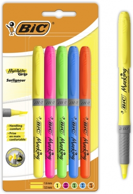 Evidentiatoare Highlighter Grip, varf tesit, mediu, diverse culori, blister 5 buc/set BIC
