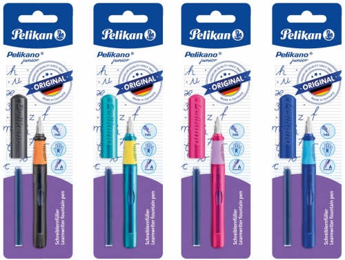 Stilou Junior, penita A, grip ergonomic, pentru dreptaci, 1 patron mare albastru inclus, diverse culori, blister, Pelikan