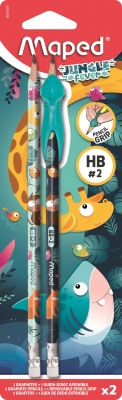 Creion cu guma Maped HB Jungle Fever, 2buc/set cu ghidaj degete blister