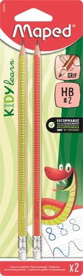 Creion cu radiera Maped HB Kidy Learn cu grip, 2 buc/set