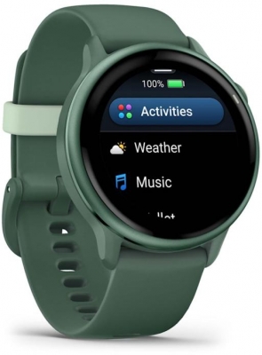 Ceas Garmin vívoactive 6 display AMOLED, dimensiune afisaj 30.4 mm, rezolutie afisaj  390 x 390 pixeli, memorie 8GB, autonomie până la 11 zile (5 zile cu afişajul permanent pornit) rezistanta la apa pana la 5 ATM, greutate: 23g, ramă Jasper Green cu curea Bone, carcasă Green Metallic şi curea din