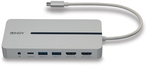 Lindy DST-Mx Duo Mini Docking Station USB Type-C, Dual display (4k), 100W Pass-through charging, rezolutie single display 4k@60, rezolutie dual display 4k@60 + 4k@30, 2x USB Type A, 1x USB-C (PD & Data), 2x HDMI, 1x RJ45, 2x Card reader (microSD & SD), 1x 3.5mm audio jack