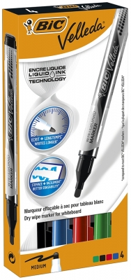 Markere de tabla alba Velleda Liquid Ink, varf rotund, diverse culori, 4 buc/set BIC