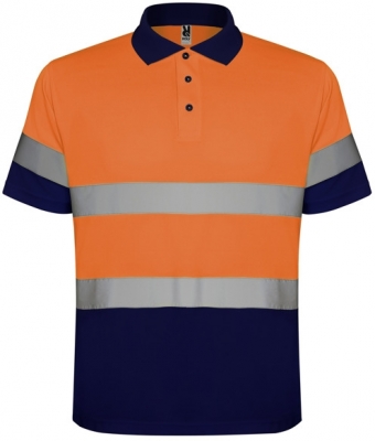 Tricou polo tehnic Hi-Vis Polaris, pentru barbati, Bleumarin/Portocaliu Fluorescent, Roly