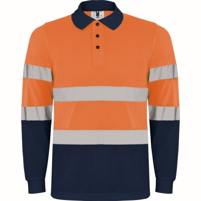Tricou polo tehnic cu maneca lunga Hi-Vis Polaris L/S, pentru barbati, Bleumarin/Portocaliu Fluorescent, Roly