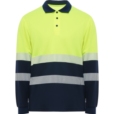 Tricou polo tehnic cu maneca lunga Hi-Vis Vega Ls, unisex, Bleumarin/Galben Fluorescent, Roly
