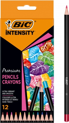 Creioane colorate din lemn, mina ultra-rezistenta, 12 culori/set, BIC Intensity Premium 
