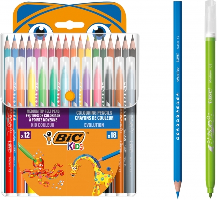 Set mixt coloriaj, creioane colorate Evolution si markere de colorat Kid Couleur, 18 + 12 bucati/set, Bic