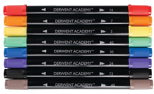 Set 8 carioci cu 2 capete, calitate superioara, pentru artisti aspiranti, 1 varf tip pensula si 1 varf fin Derwent Academy