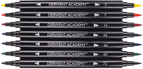Set 8 carioci cu 2 capete, calitate superioara, pentru artisti aspiranti, 1 varf tip pensula si 1 varf fin Derwent Academy