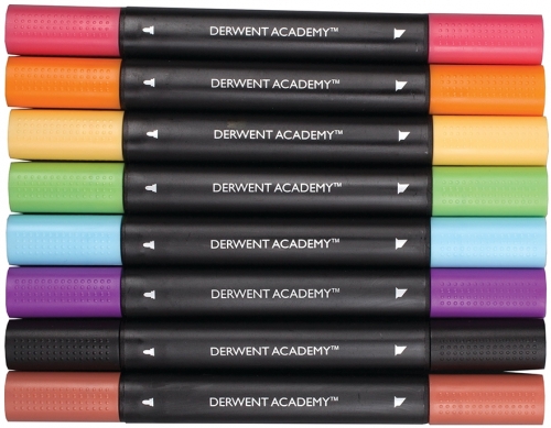 Set 8 carioci cu 2 capete, 1 varf tip dalta si 1 varf fin Derwent Academy