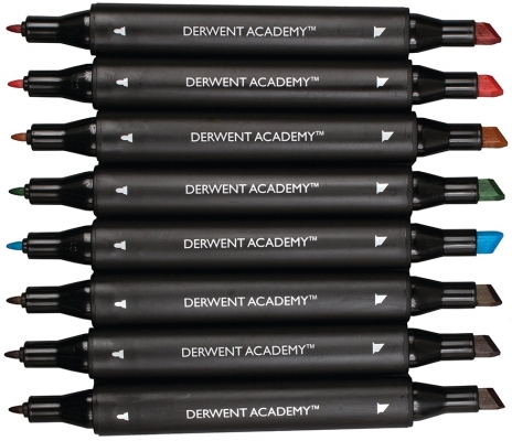 Set 8 carioci cu 2 capete, 1 varf tip dalta si 1 varf fin Derwent Academy