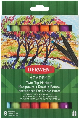 Set 8 carioci cu 2 capete, 1 varf tip dalta si 1 varf fin Derwent Academy