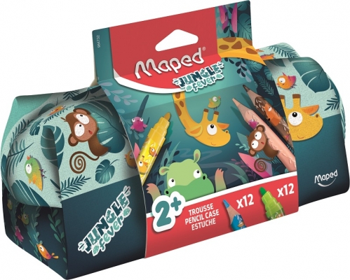 Penar echipat Maped Jungle Fever cu 12 creioane colorate si 12 carioci Jumbo