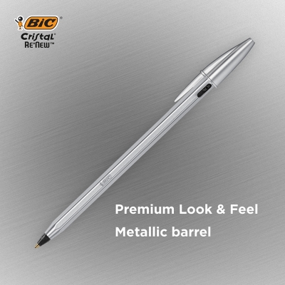 Pix Cristal Re'New, 1.0 mm, negru, corp din metal, cutie, 1 pix si 2 rezerve Bic 