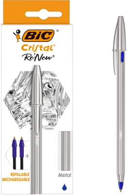 Pix Cristal Re'New, 1.0 mm, albastru, corp din metal, cutie, 1 pix si 2 rezerve Bic 