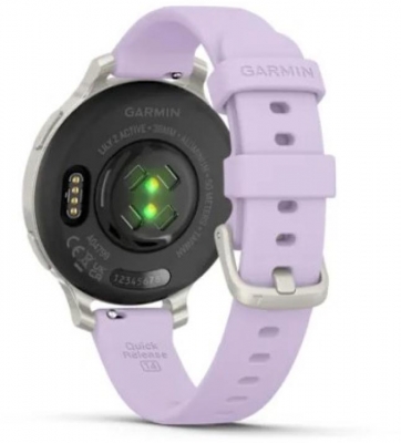 Ceas Garmin Lily 2 Active, display AMOLED, dimensiune afisaj 25,4 mm x 21,3 mm, rezolutie afisaj 240 x 201 pixeli, memorie 8GB, autonomie pana la 9 zile, rezistanta la apa pana la 5 ATM, greutate: 24,4g, ramă Argintiu, şi curea Purple Jasmine din silicon
