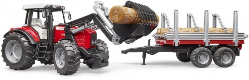 Jucarie Tractor Massey Ferguson 7480 cu incarcator frontal si remorca pentru lemne Bruder