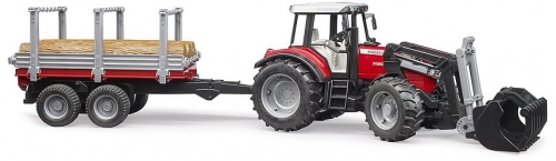 Jucarie Tractor Massey Ferguson 7480 cu incarcator frontal si remorca pentru lemne Bruder