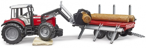 Jucarie Tractor Massey Ferguson 7480 cu incarcator frontal si remorca pentru lemne Bruder