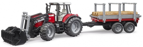 Jucarie Tractor Massey Ferguson 7480 cu incarcator frontal si remorca pentru lemne Bruder